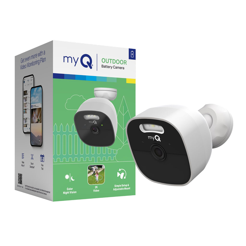 Chamberlain myQ Outdoor Battery Camera | 2K Camera, Color Night Vision, Spotlight, Motion Alerts, Live View with Two-Way Talk, Wireless, Weather-Resistant, Outdoor, White, 2 Pack
