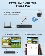 【360°View】 Hiseeu 4K PoE PTZ Security Camera System，6 Pcs Security Cameras