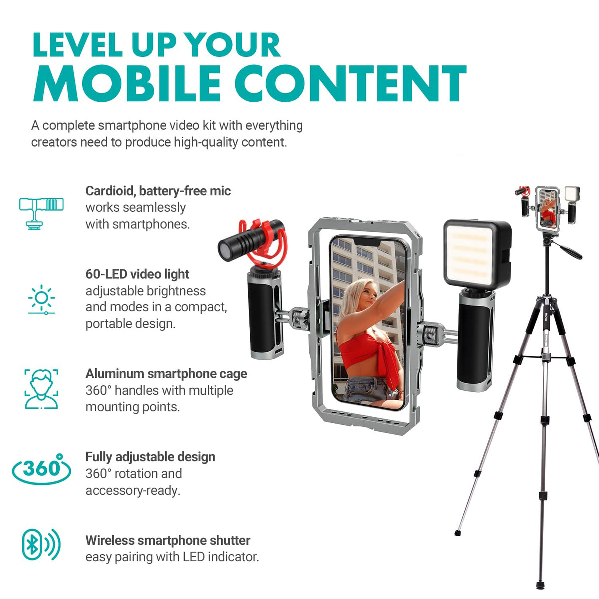 Movo iFilmer-PRO Smartphone Video Rig Kit – Stabilizer Cage with Dual Grips, VXR10 Shotgun Microphone, LED Light, & Tripod for iPhone/Android