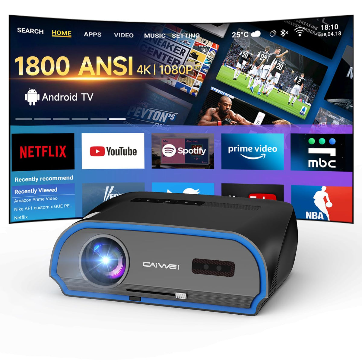 Smart Projector True 1800ANSI Indoor Daylight, 4K HDR Support Home Theater