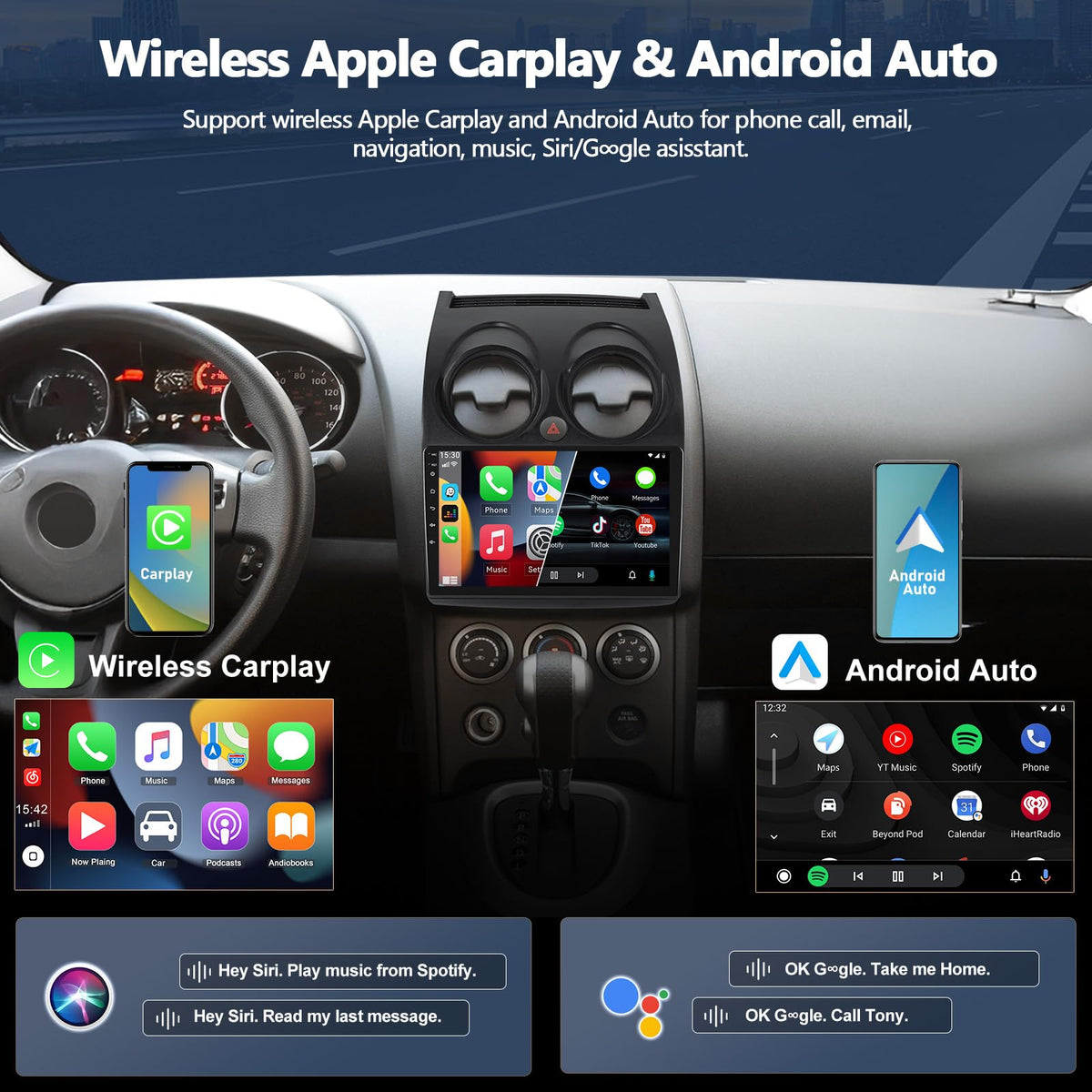 4G+64G Car Radio for Nissan Rogue 2008-2013 with Wireless CarPlay Android Auto, 9" 1280 * 720 Touchscreen Radio Android 15 Car Stereo Bluetooth 5.0 32EQ WiFi GPS RDS FM HD Backup Camera