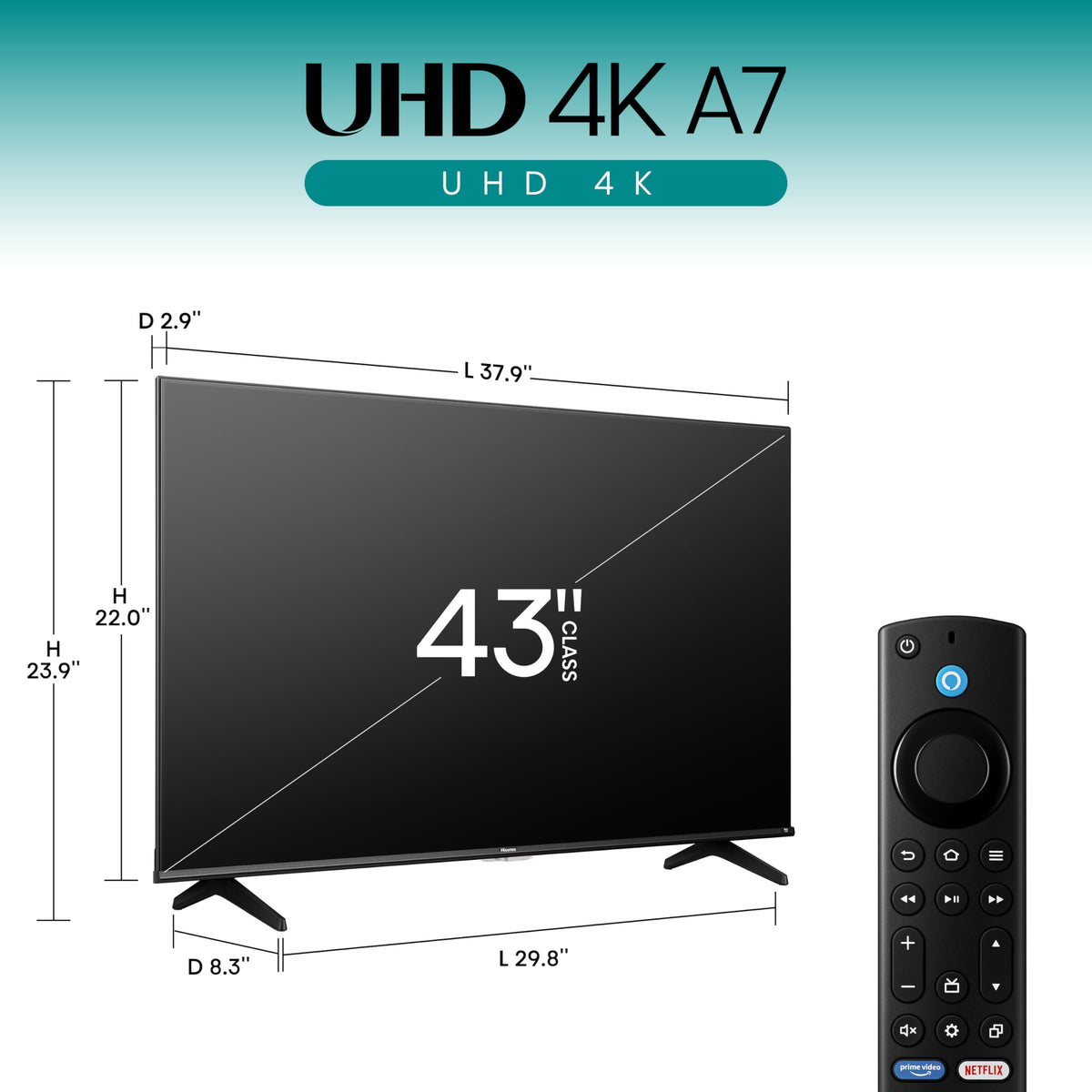 Hisense 43" Class A7 Series (43A7NF) 4K UHD Smart Fire TV, Voice Remote with Alexa, Wide Color Gamut, HDR10+, Dolby Vision, Dolby Atmos, Game Mode, ALLM, Stream Live TV Without Cable
