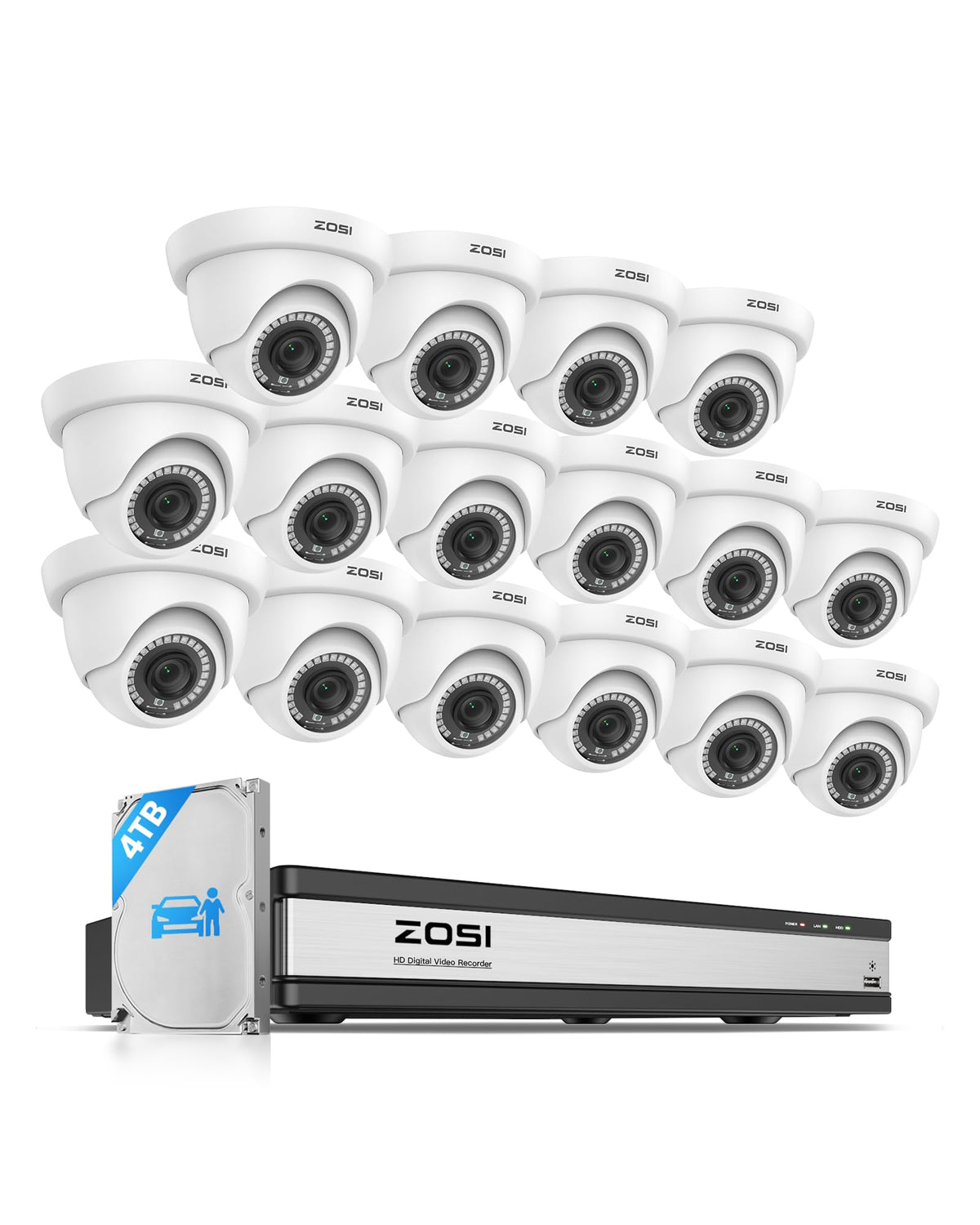 ZOSI 3K Lite 16CH Security Camera System, 16 X Dome 2MP Cameras, 4TB HDD