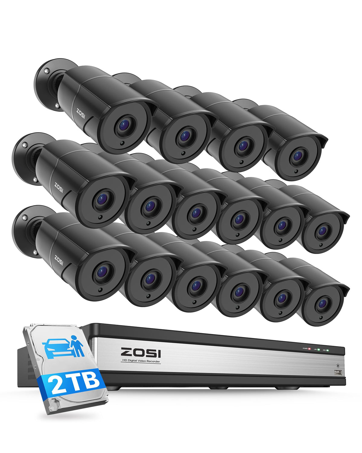 ZOSI 16CH 3K Lite Security Camera System with Audio, AI Human/Vehicle Detection, Night Vision, 8 x 1080P Metal Weatherproof Wired Cameras, 16 Channel Surveillance DVR with 2TB HDD for 24/7 Recording