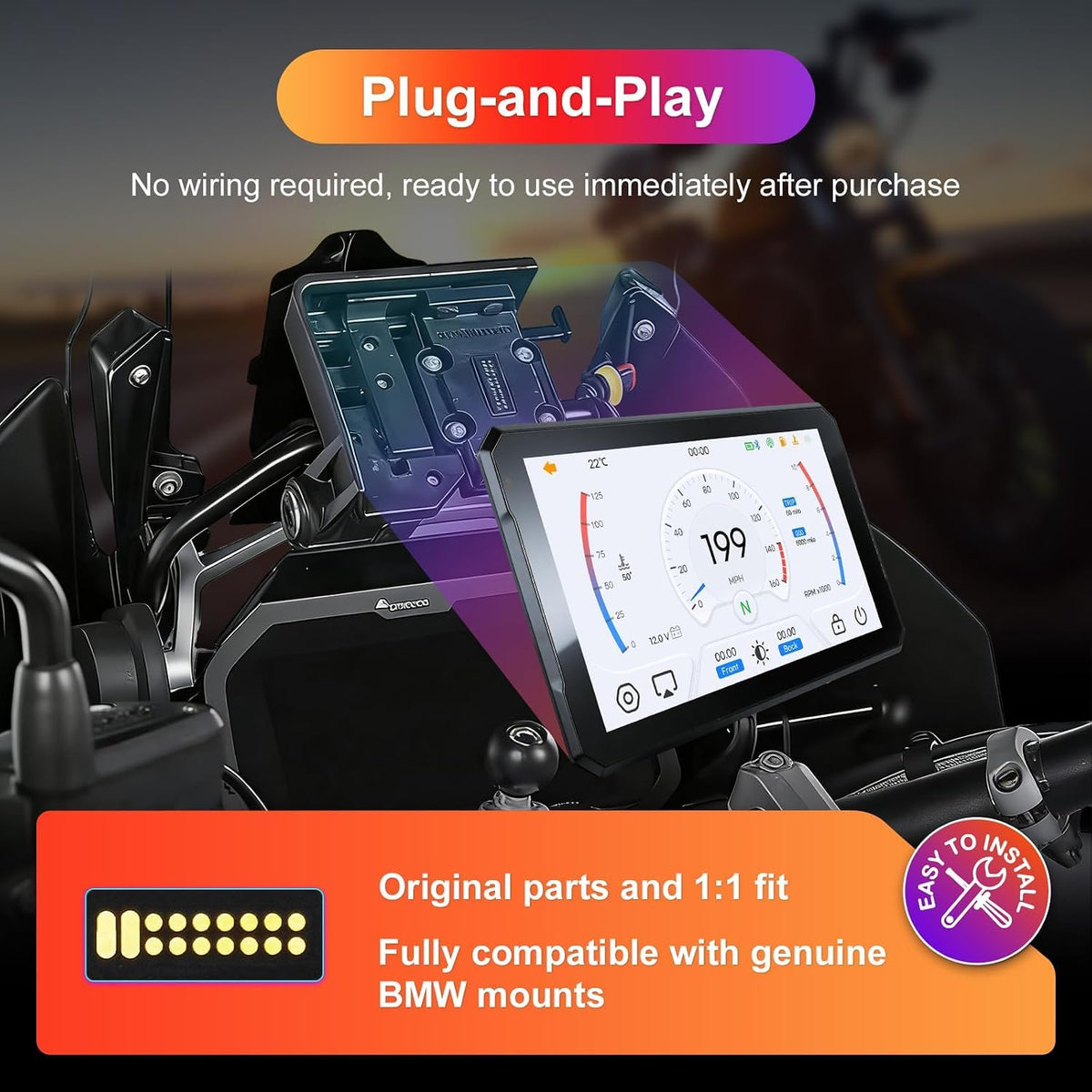 Motorcycle GPS CarPlay for BMW with Waterproof Touchscreen, 7" Portable Moto Radio Carplay/Android Auto， GPS Navigation for Motorbike, Dual Bluetooth, Native Wonder Wheel Control, Data Reading, TPMS