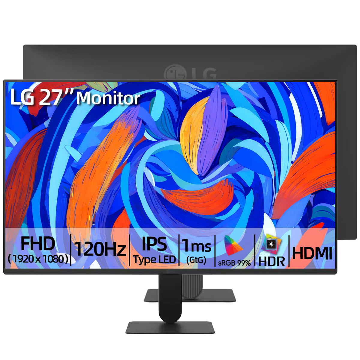 LG 27 Inch IPS Monitor, Full HD (1920 x 1080) Display, 120Hz, 1ms MBR, 99% sRGB, HDR10, WebOS, Tilt Adjustable, HDMI x 1, Borderless Display for Gaming and Office