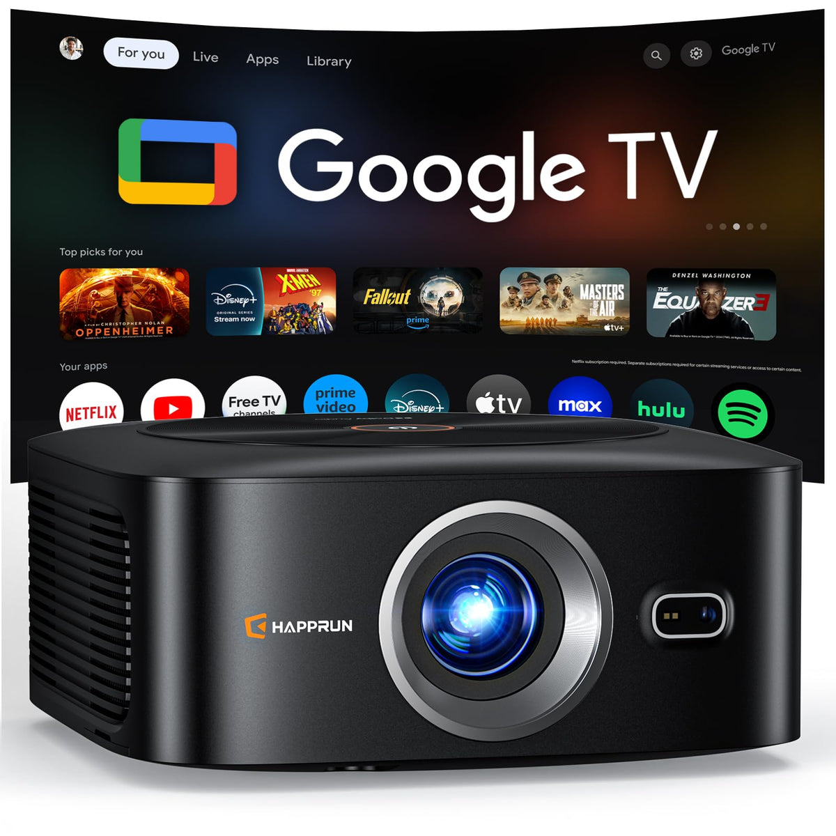 HAPPRUN 1500 ANSI Official Licensed Google TV Outdoor 4K Full HD Projector