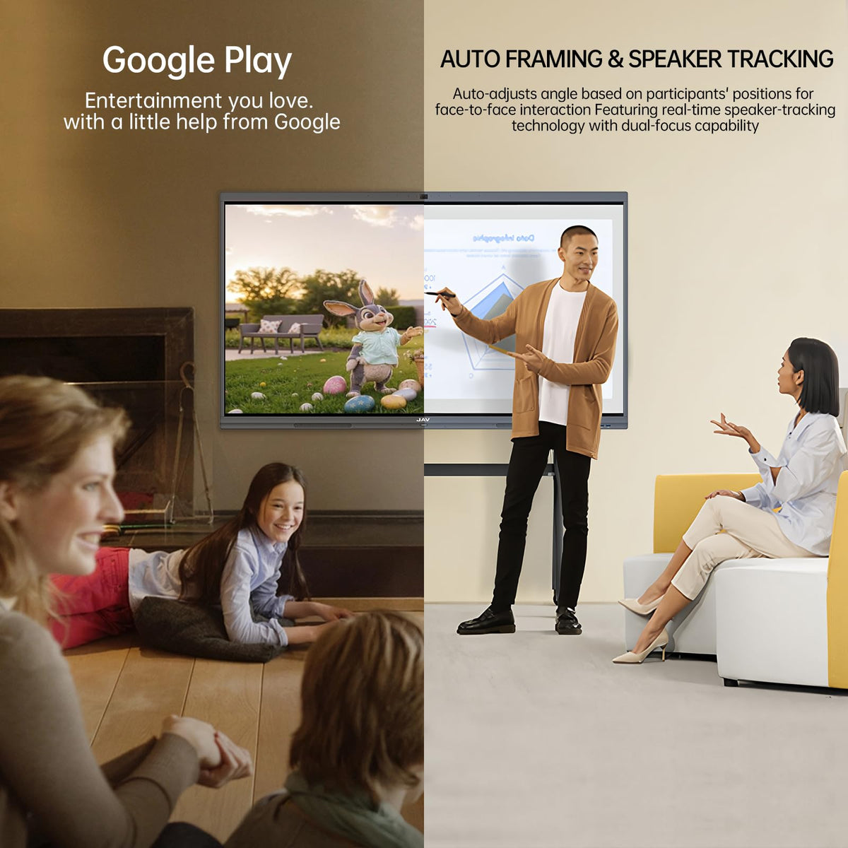 JAV 86" Smart Board Interactive Whiteboard, Google EDLA Certified 4K Touchscreen with 48MP AI Camera for Classroom Office Studio (Wall Mount Included)