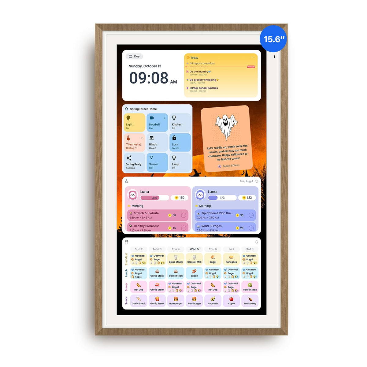 Apolosign 15.6-inch Digital Calendar, No-Subscription, Smart Wall Planner with Calendar Sync, Chore Chart, Meal, Apps & Dashboard, Electronic Display for Schedules, Dual Mode, with Stand (Teak)