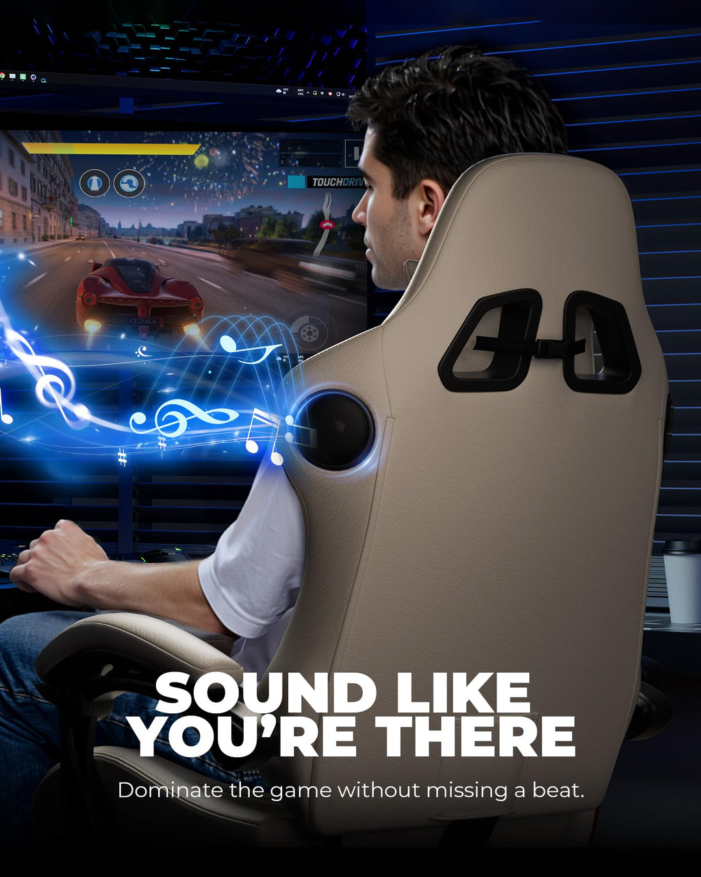 GTPLAYER Gaming Chair with Speakers ACE-PRO, Computer Video Game Chairs with Footrest for Adults, Built-in Speakers, App Support & Bluetooth Control, Ergonomic Reclining Silla, Linkage Armrest, Ivory