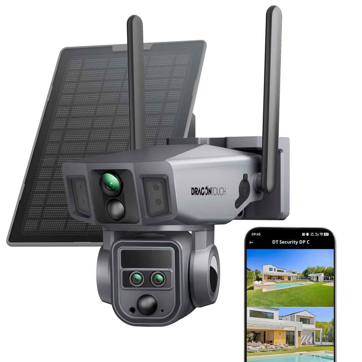 Dragon Touch 4G Cellular Security Camera, 4K Solar Camera Wireless Outdoor, 3 Lens Bullet-PTZ Cam, 360° View, 10X Optical Zoom, AI Track, Color Night Vision, 12000/9W Battery, 64GB Card Included