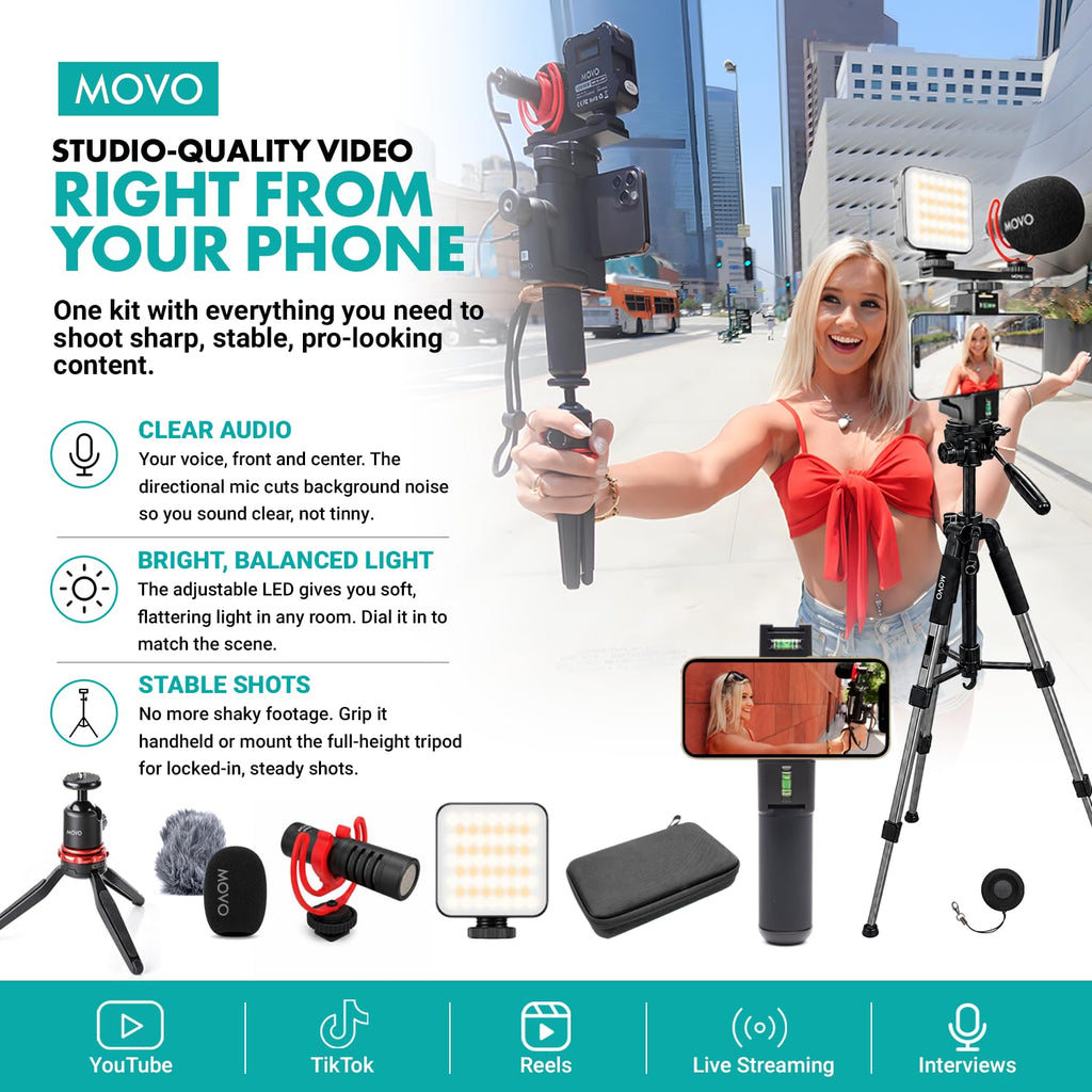 Movo iVlogger-PRO Vlogging Kit for iPhone with Mic, Light, and Tripod
