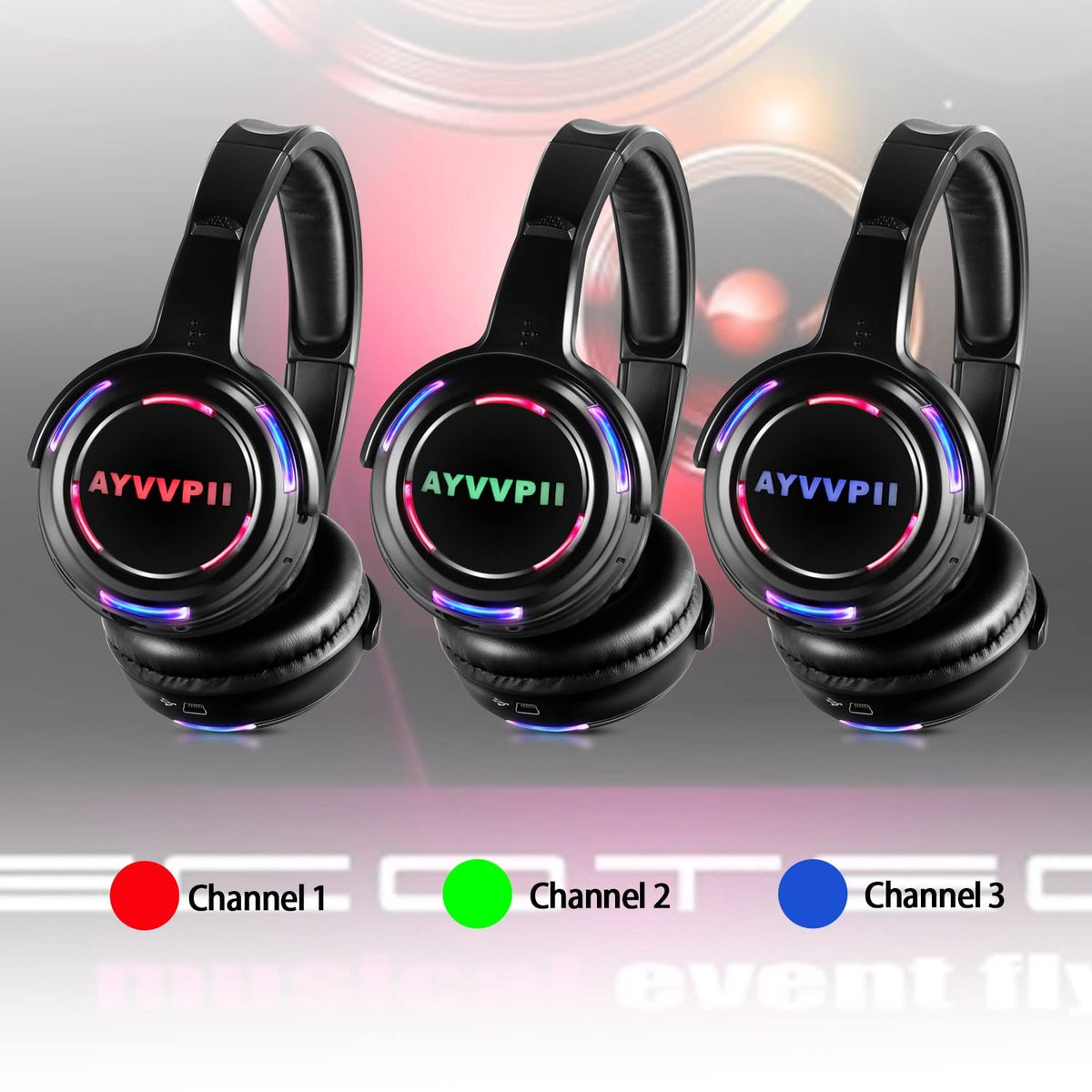 Rechargeable Wireless Silent Disco Headphones RF LED Flashing Light Headset 10pcs Headphones Bundle and 1 Transmitter 500m Distance