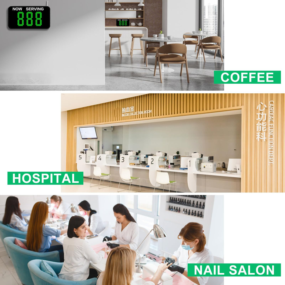 3-Digit Customer Number System Wireless Queue Calling System with 1 Keypad Caller 2 Now Serving Screens Real-Time Display Green Ticket Number for Office Clinic Bank Waiting Line Management