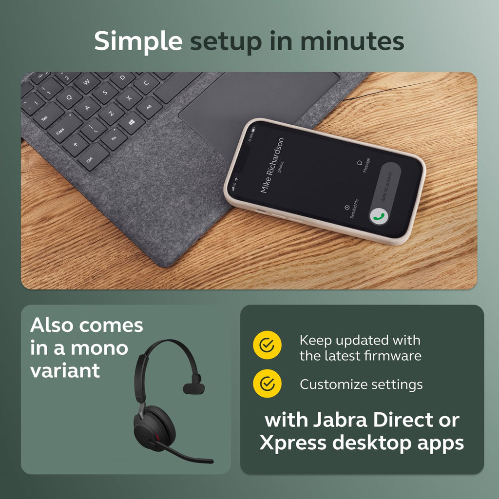 Jabra Evolve2 65 Bluetooth Wireless Headset with Mic for Calls and Music, Dual-Ear Headphones with USB-C Adapter, Up to 37 Hours Battery, Noise-Cancelling, Works with Online Meeting Apps, Black
