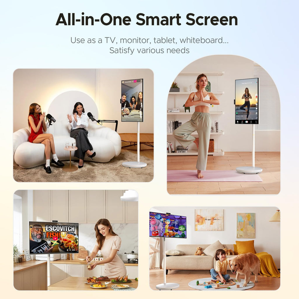 32" Smart Portable TV on Wheels, FHD Touchscreen Rolling Monitor