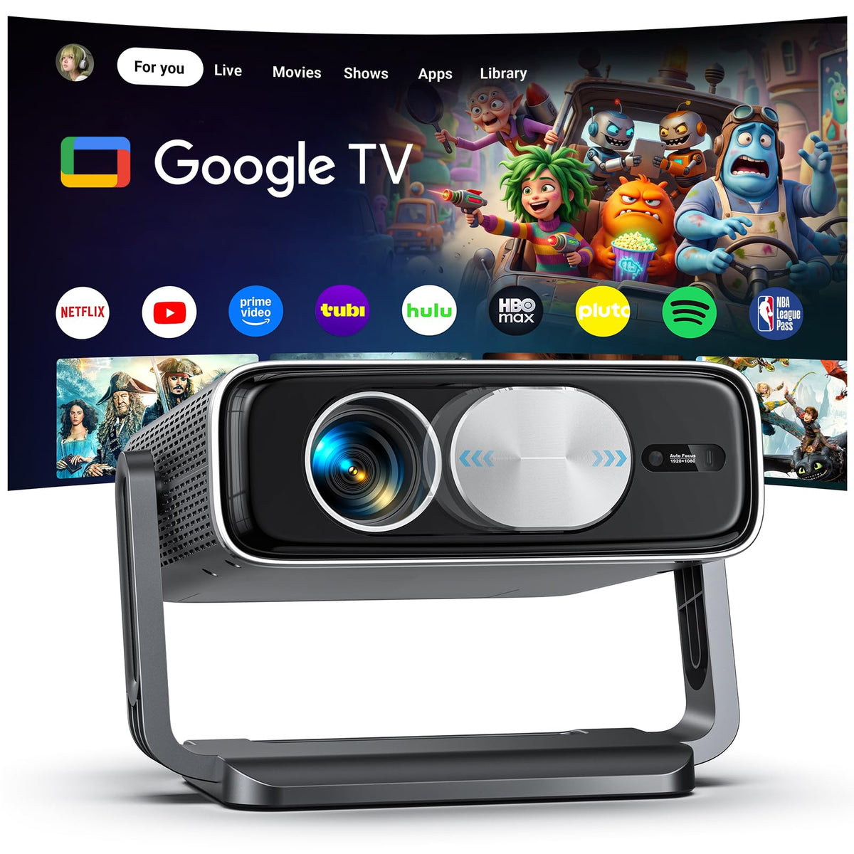 [Bundled with Google TV Stick & 3000 ANSI] Smart 4K Projector with WiFi and Bluetooth, Auto Lens Cover, AI Auto Focus, Portable Outdoor Movie Projector with Built-in Apps for Home Theater Bedroom