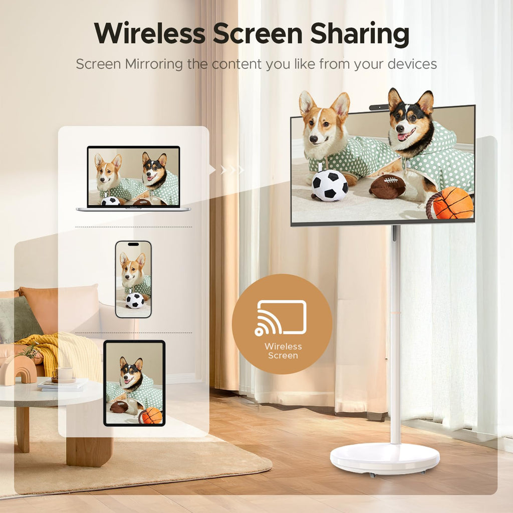 32" Smart Portable TV on Wheels, FHD Touchscreen Rolling Monitor