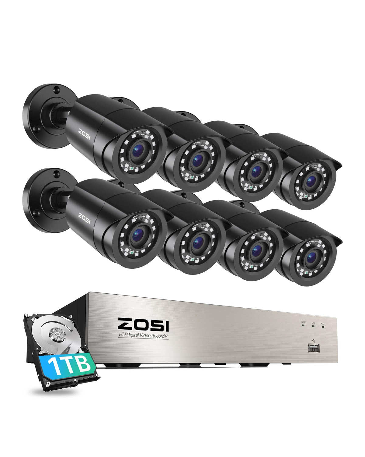 ZOSI 3K Lite Security Camera System with AI Human Vehicle Detection,H.265+ 8CH HD TVI Video DVR Recorder with 4X HD 1920TVL 1080P Indoor Outdoor Weatherproof CCTV Cameras,Remote Access,1TB Hard Drive