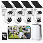 Solar Security Cameras Wireless Outdoor No Subscription with 128GB SD Home Hub, 4 Cam Kit 8 Views Dual-Len Solar Powered Camera Home Security System, 5GHz & 2.4GHz Wifi, 4MP Color Night Vision IP66