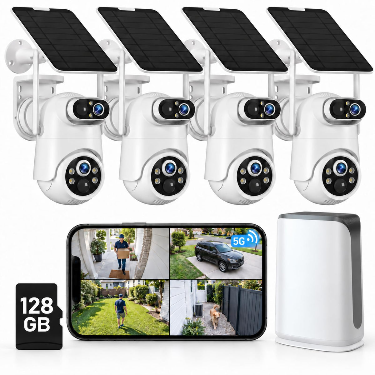 Solar Security Cameras Wireless Outdoor No Subscription with 128GB SD Home Hub, 4 Cam Kit 8 Views Dual-Len Solar Powered Camera Home Security System, 5GHz & 2.4GHz Wifi, 4MP Color Night Vision IP66