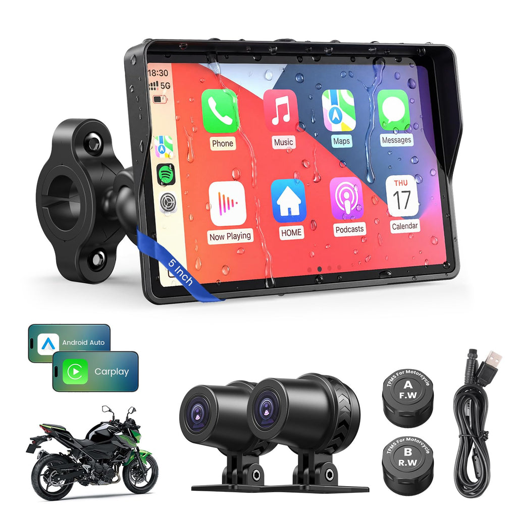 Motorcycle CarPlay Screen with Android Auto – 7” Waterproof GPS, Pantalla para Moto, Apple CarPlay, Navigation System for Motorcycle, Dual 2K Dash Cam Bluetooth Audio,64GB&TPMS with Magnetic