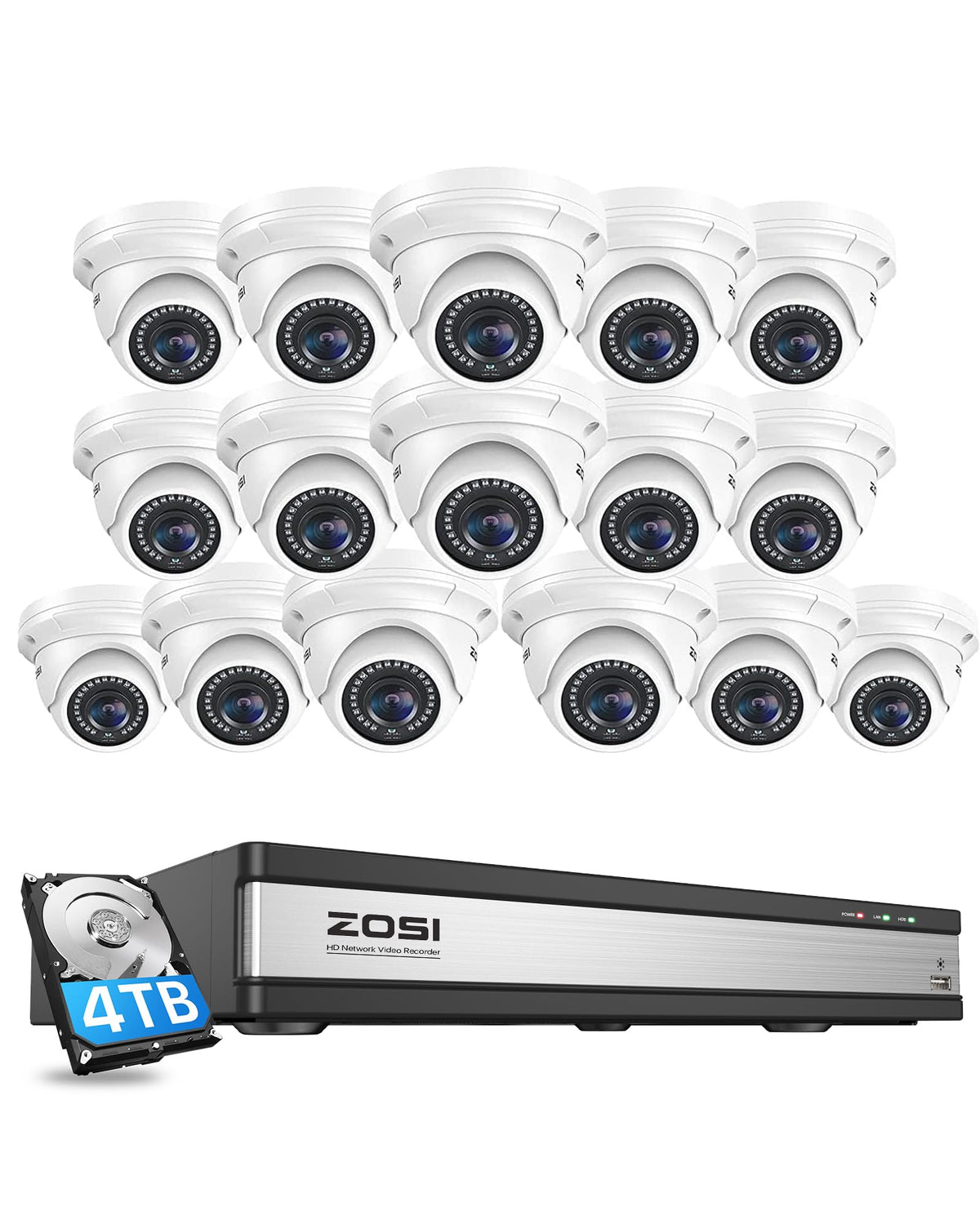 ZOSI 4K 16CH POE Security Camera System with 4TB HDD, 16pcs 5MP Metal Cams