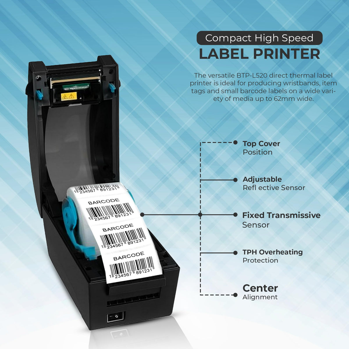 SNBC BTP-L520 Thermal Label Printer, Serial, Built-in Peeler, High-Speed 4" Label Printing for Shipping, Barcode, Retail and Office Use (Black)