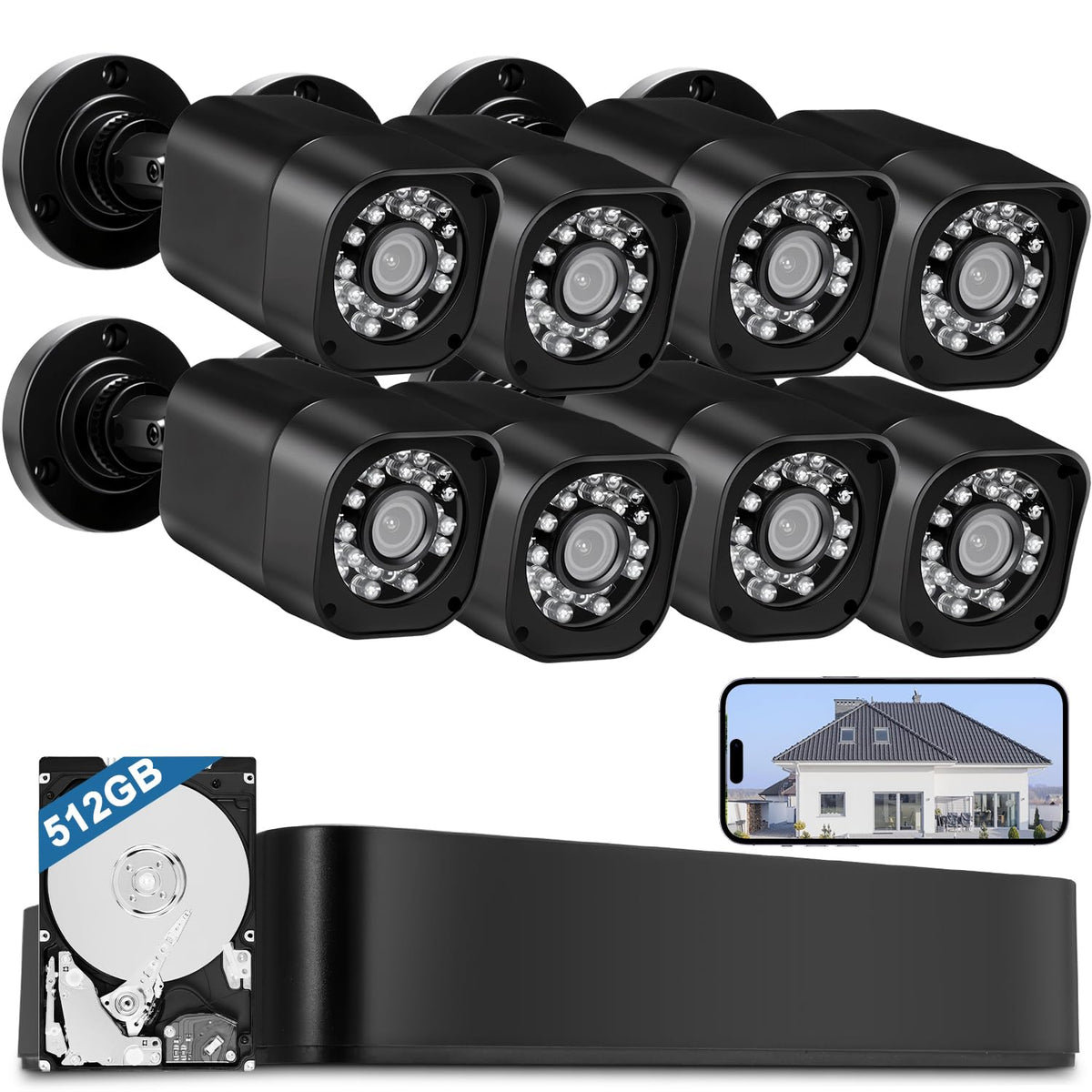 Wired Security Camera System, CCTV DVR with 512GB HDD, 8X 1080P Cam