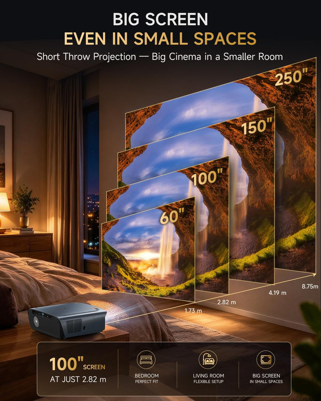 Google TV 4K Smart Projector Daylight Home Theater 2400 ANSI Lumen，38W Dolby Audio, ToF Auto Focus & Auto Keystone, Short Throw, WiFi 6, Bluetooth, HDMI ARC/CEC, NFC