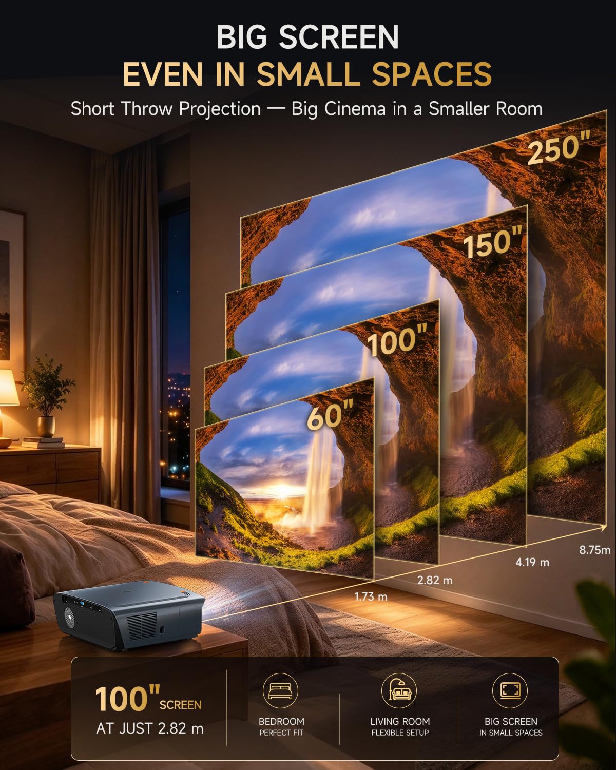 Google TV 4K Smart Projector Daylight Home Theater 2400 ANSI Lumen，38W Dolby Audio, ToF Auto Focus & Auto Keystone, Short Throw, WiFi 6, Bluetooth, HDMI ARC/CEC, NFC