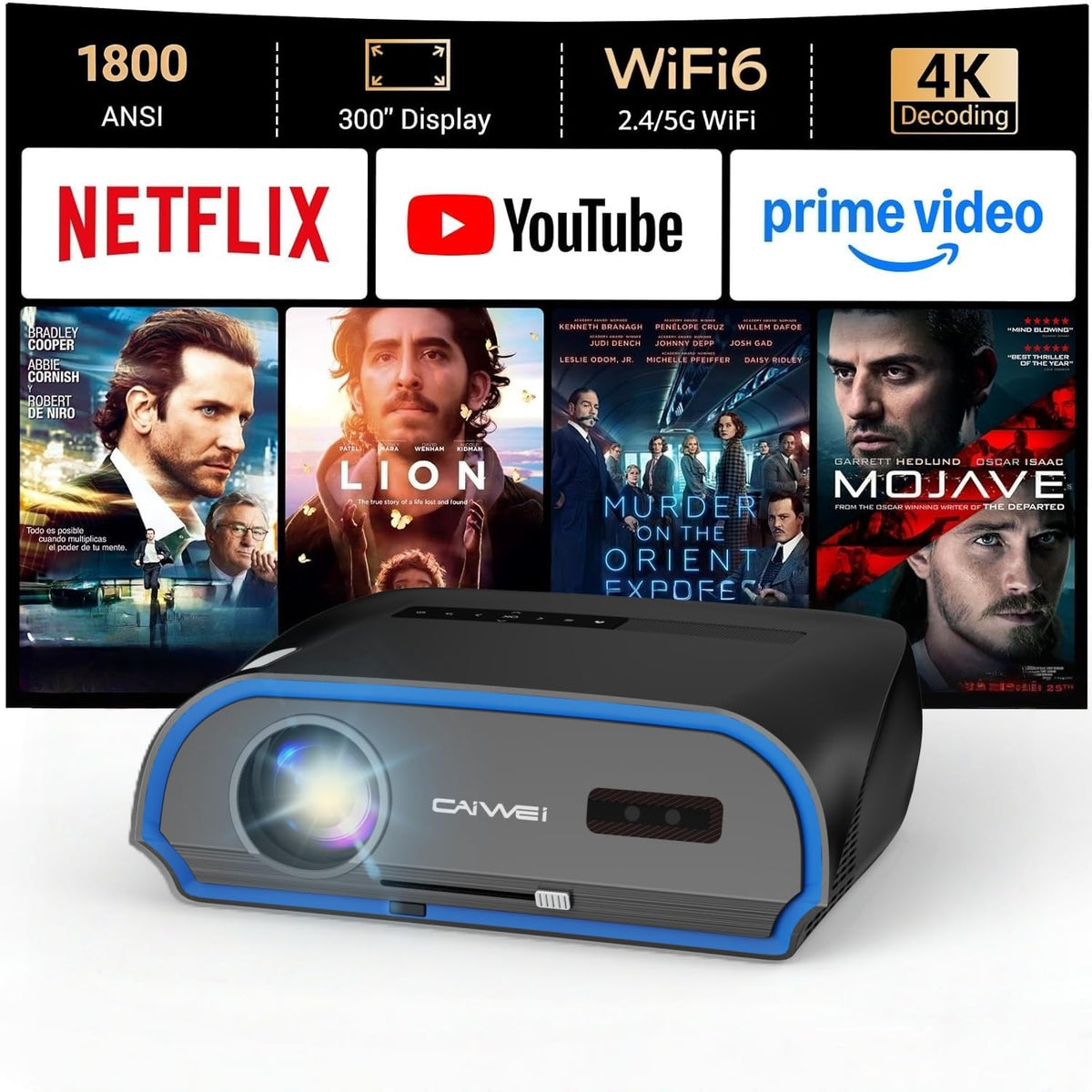 Smart Projector True 1800ANSI Indoor Daylight, 4K HDR Support Home Theater