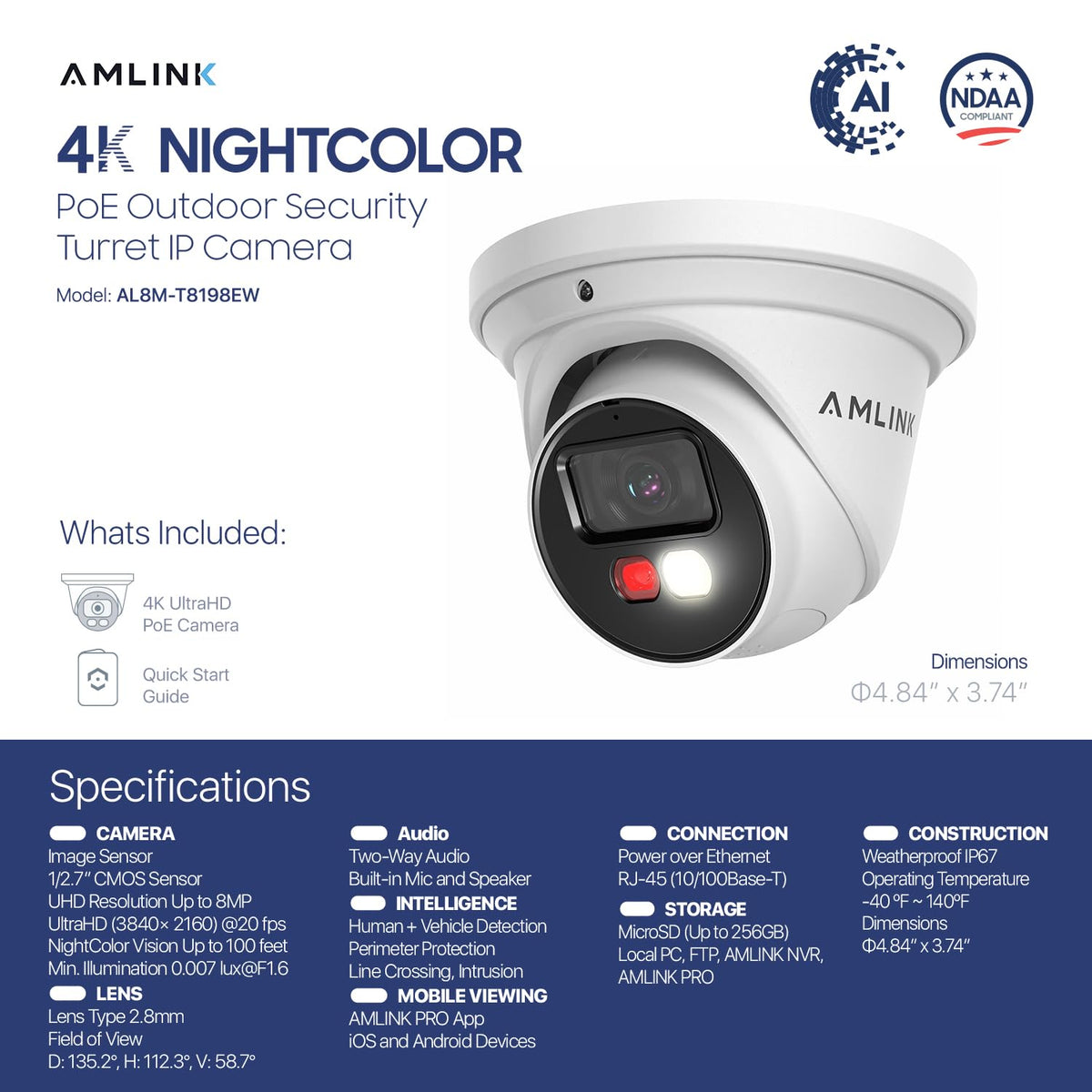 AMLINK 2-Pack 4K/8MP Security AI IP PoE Camera, Human/Vehicle Detection, NDAA Compliant, Indoor Outdoor Surveillance Turret, 2-Way Audio, Support 256GB MicroSD, Deterrent, 2PACK-AL8M-T8198EW