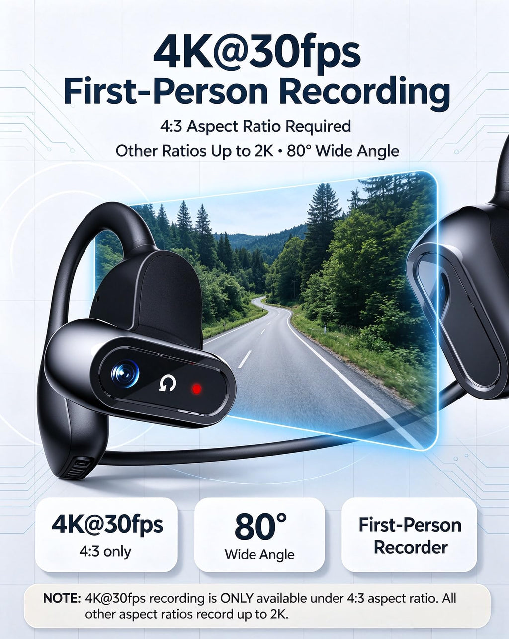 Open-Ear Bone Conduction Sport Headphones with Camera, IP68, Black
