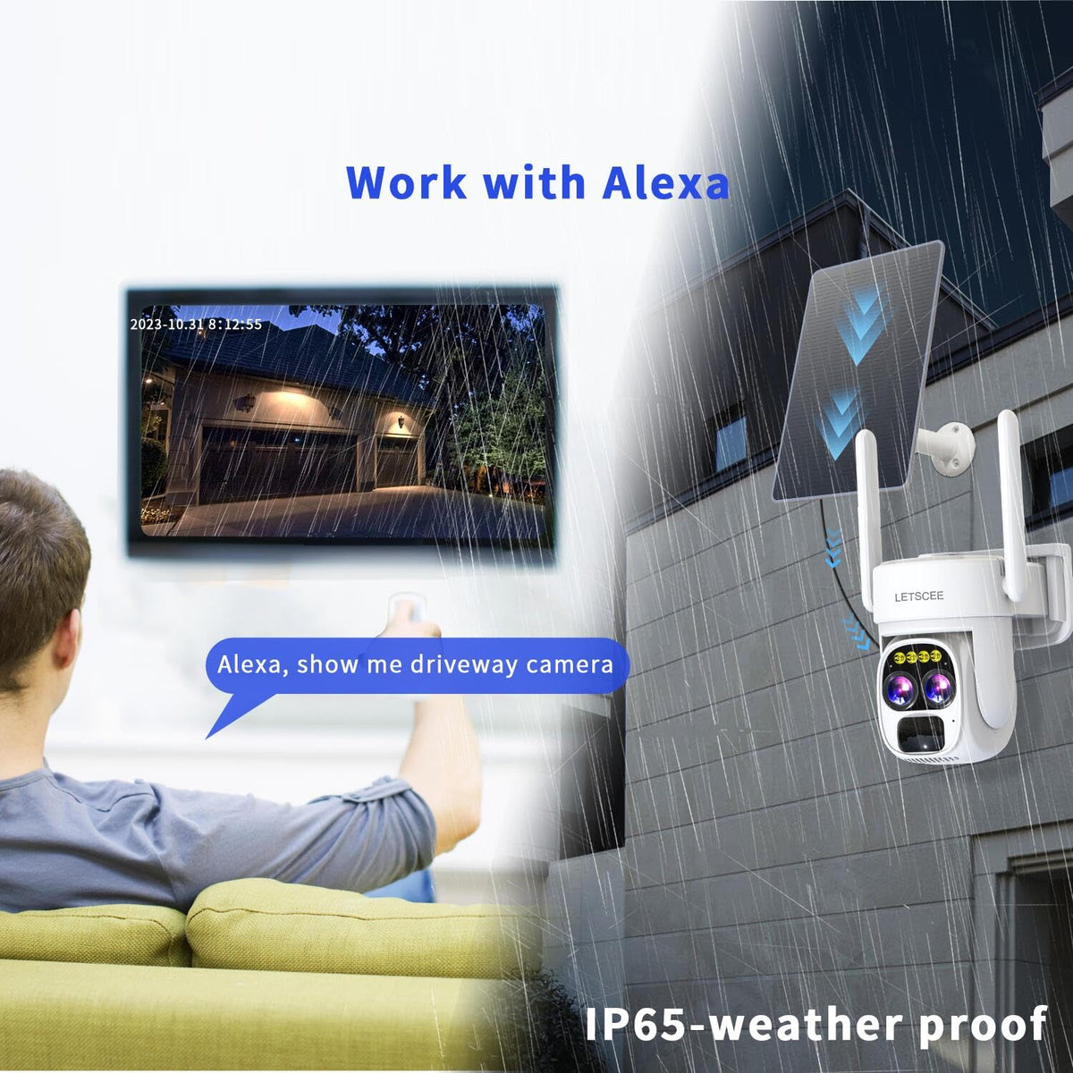 Cameras for Home Security Wireless Outdoor Solar,Alexa Security Camera Outside,360 PTZ Outside WiFi Camera Dual Lens 10x Zoom,Night Vision,2K,Water Proof