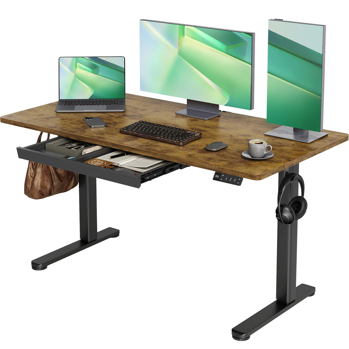 Claiks Electric Height Adjustable Standing Desk with Drawers, 63 x 24 Inch Sit Stand Desk for Home Office, Computer Desk Workstation,Black