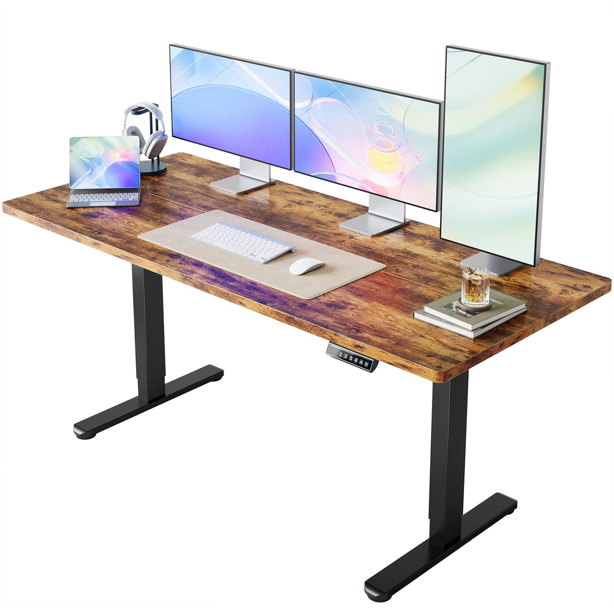 HUANUO 55x28 Inch Electric Standing Desk, Adjustable, Light Vintage Brown