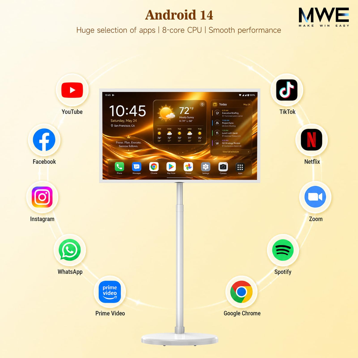 Zarael 43 Inch Smart Portable TV, 4K Touchscreen Display with Built-in 20000mAh Battery, Android 14, 8GB RAM 128GB Storage, WiFi and Bluetooth, for Home Entertainment and Workouts