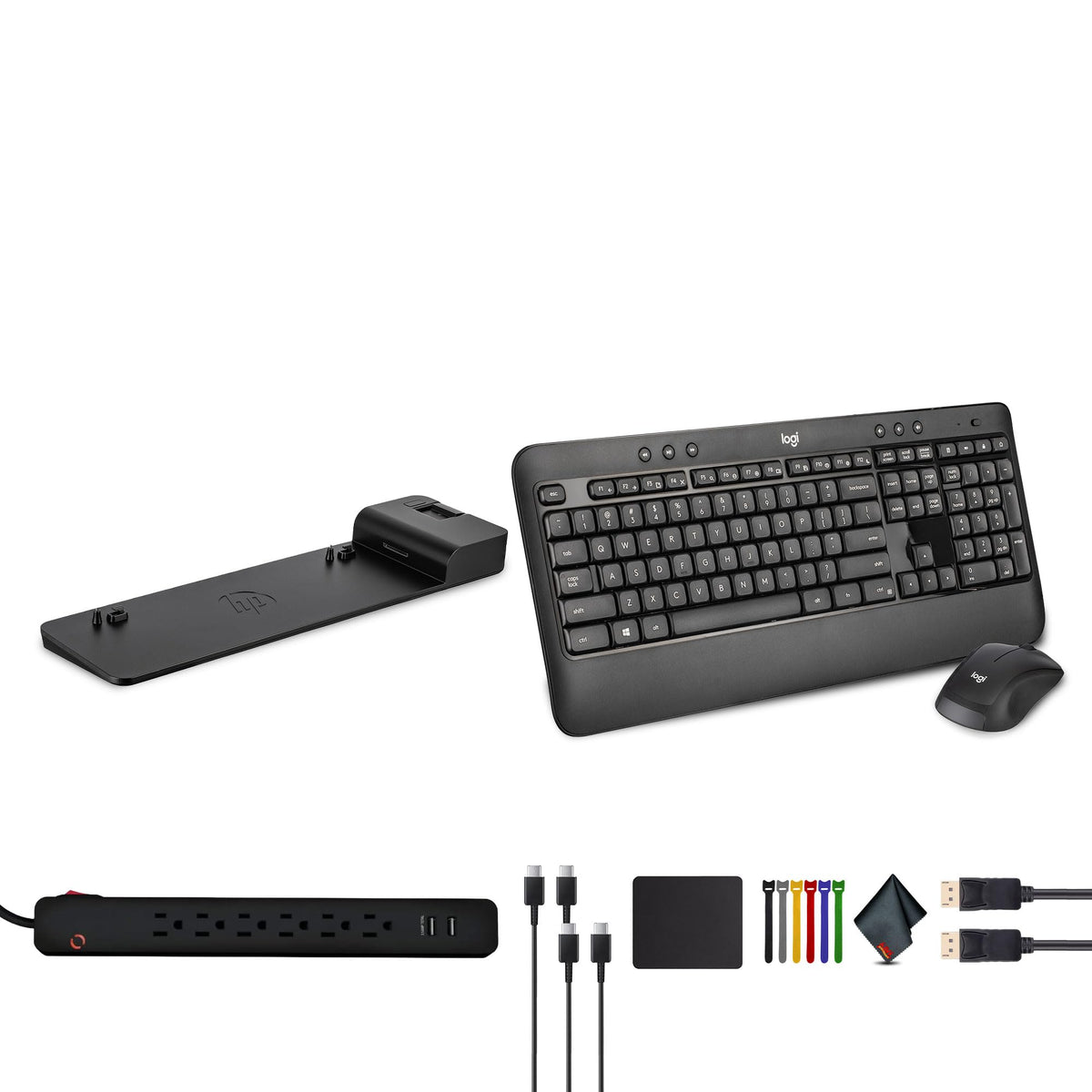 HP UltraSlim Docking Station (D9Y32AA) Bundle Including: MK540 Wireless Keyboard and Mouse Combo, Surge Protector, Mouse Pad, 2X Type-C Cable, DisplayPort Cable, Fiber Cloth