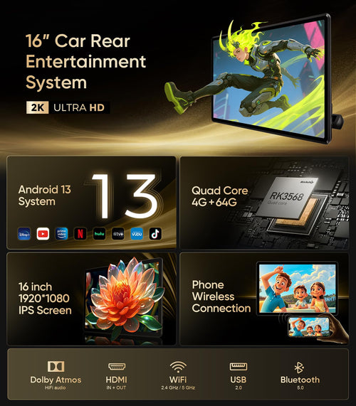 16" Android Car TV Headrest Monitor(Pair),Support Phone Mirror/WiFi/HDMI