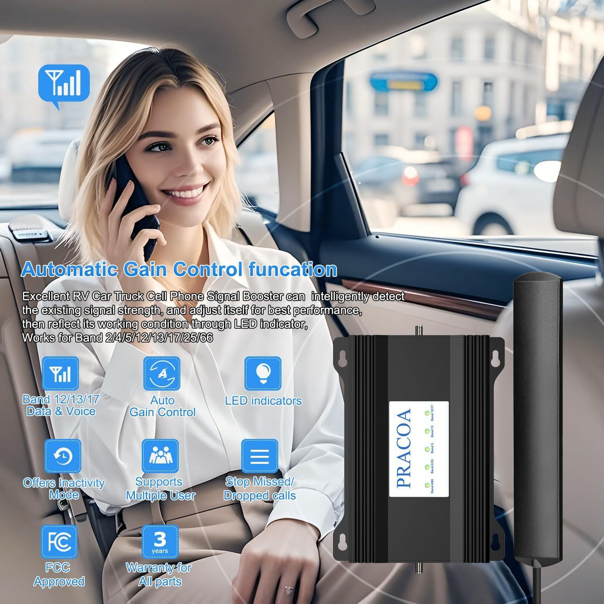 RV Cell Phone Signal Booster Car Truck RV Cell Phone Booster Car Vehicle SUV Support All Carriers AT&T T Mobile Verizon Signal Booster Car Cell Booster for RV 5G 4G LTE 3G Band 13/12/17/5/4/66/2/25