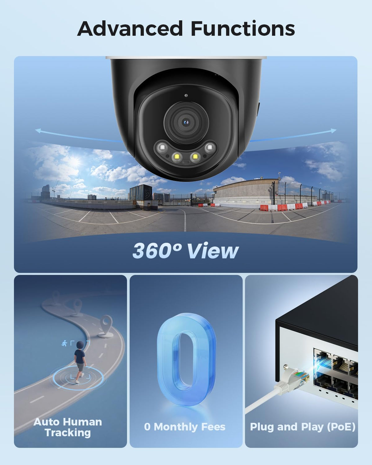 【360°View】 Hiseeu 4K PoE PTZ Security Camera System，6 Pcs Security Cameras
