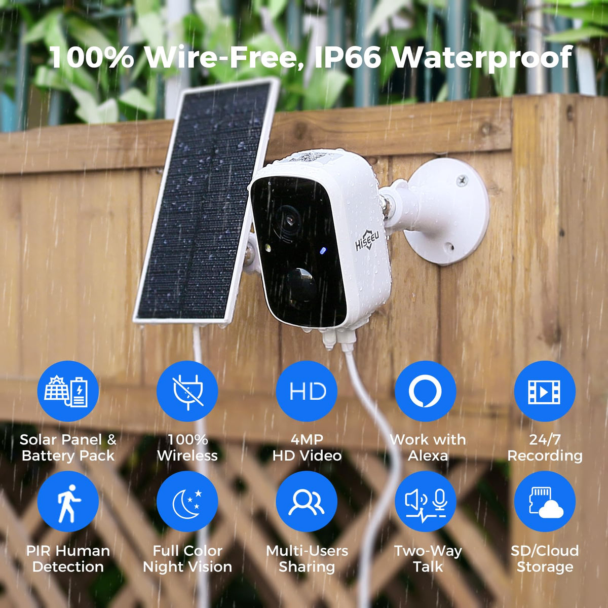 Hiseeu Solar Camera Security Outdoor, 4 Pack 100% Wireless 4MP WiFi Cameras