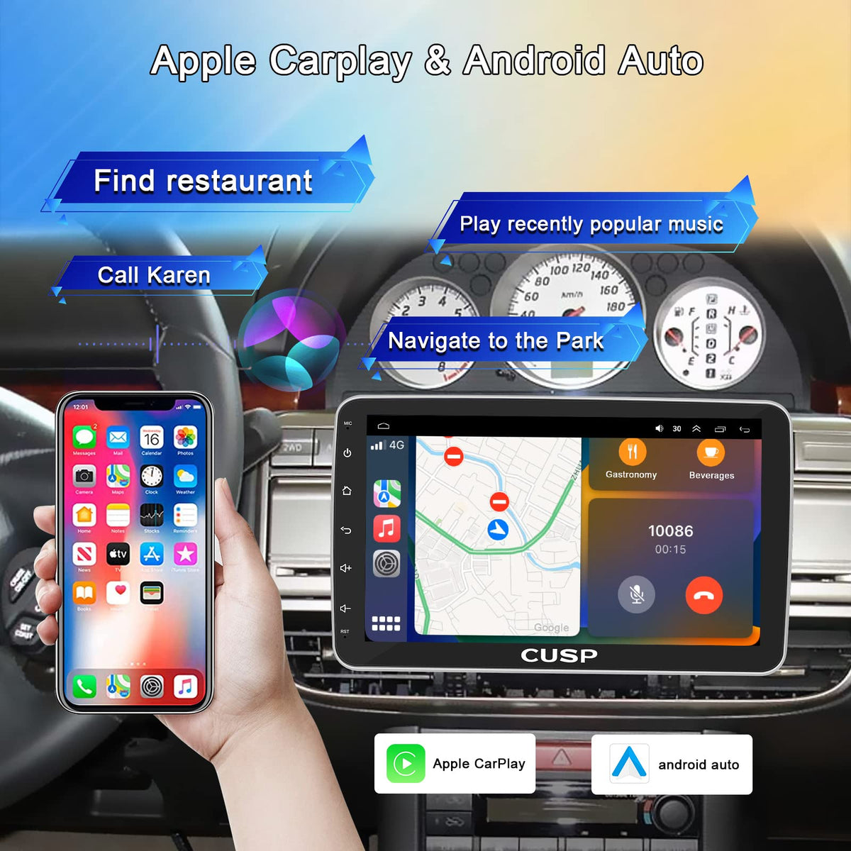 CUSP 10.1 Inch Android Car Stereo Radio, Double Din Touchscreen Head Unit with Wireless CarPlay Android Auto, 1280×720 QLED Display,GPS Navigation,Bluetooth,WiFi,DSP,SWC,Backup Camera,Manual Rotation