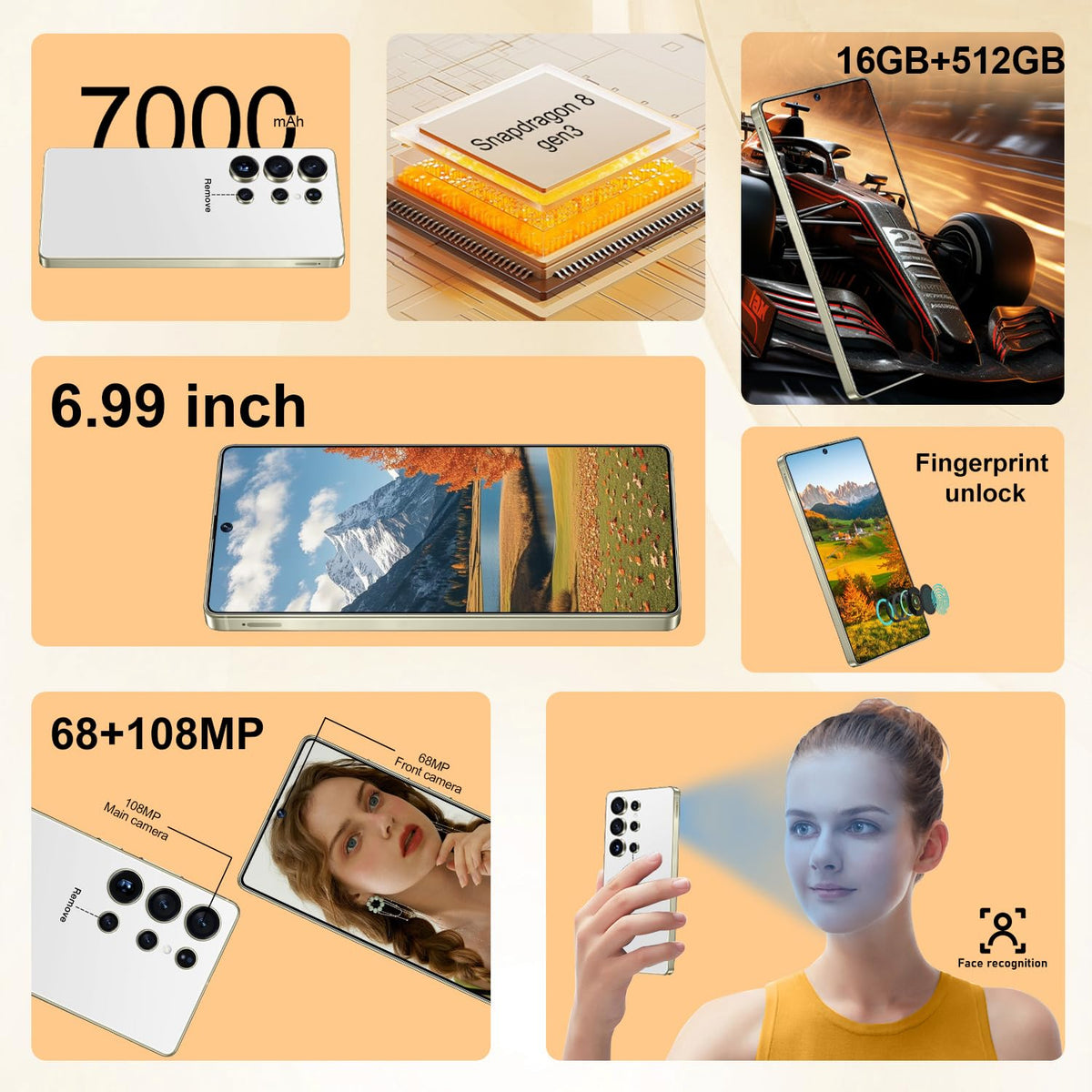 OEJBK I25 Ultra: Powerhouse 16GB/512GB, 2-Day 7000mAh Battery, Huge 6.99" Android 14 Phone w/Built-in Stylus - Your All-in-One Device The Superior Choice (White)