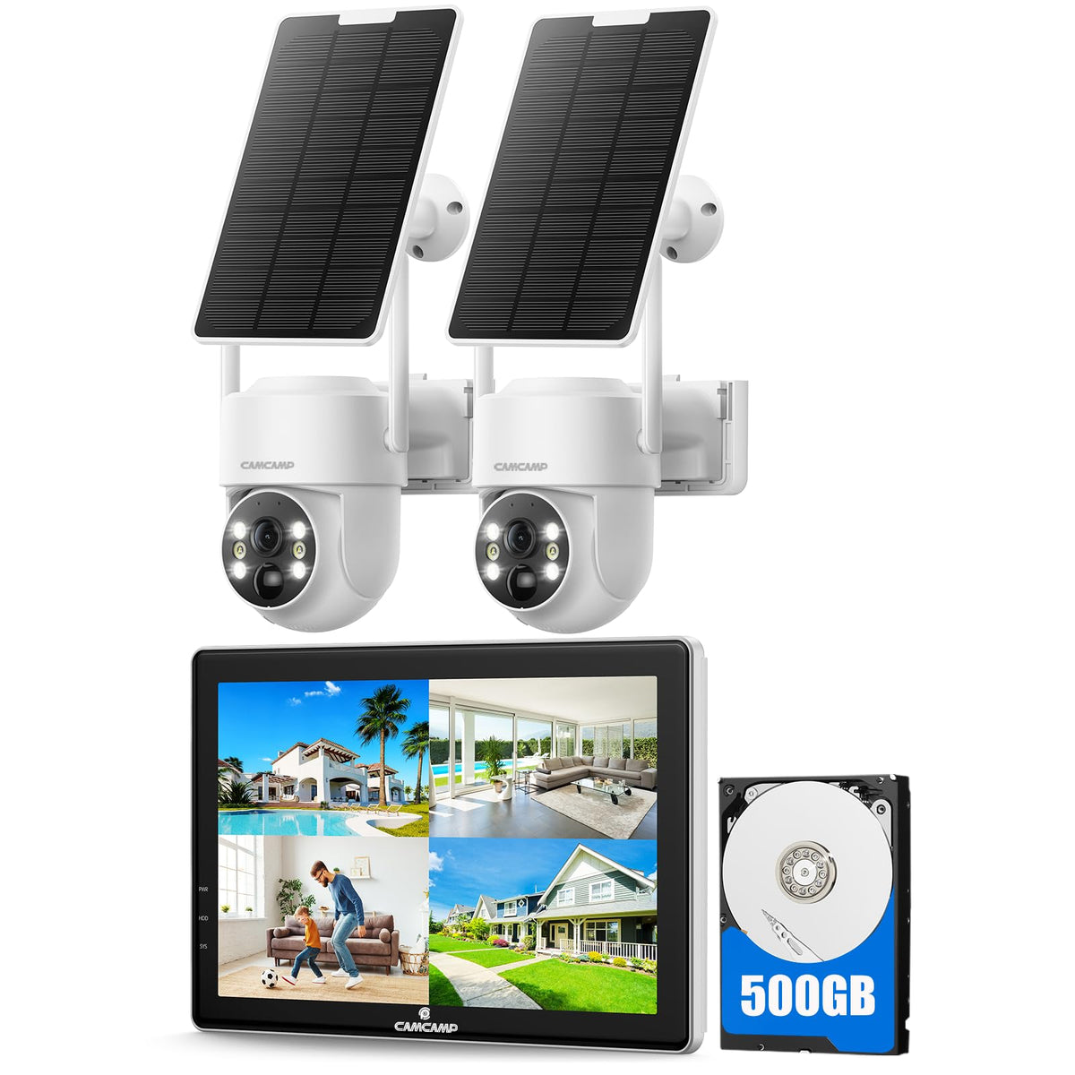 Camcamp Solar Security Cameras Wireless Outdoor with 10" Monitor, 4 Cam Kit