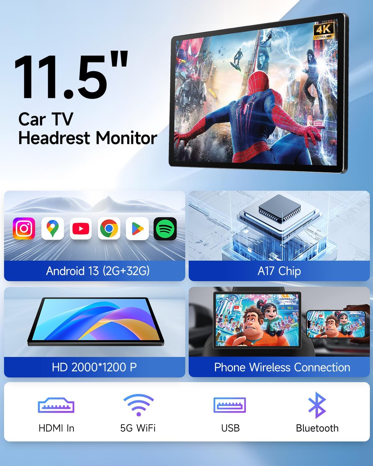 11.5" Android Car TV Headrest Monitor Touchscreen Rear Seat Entertainment