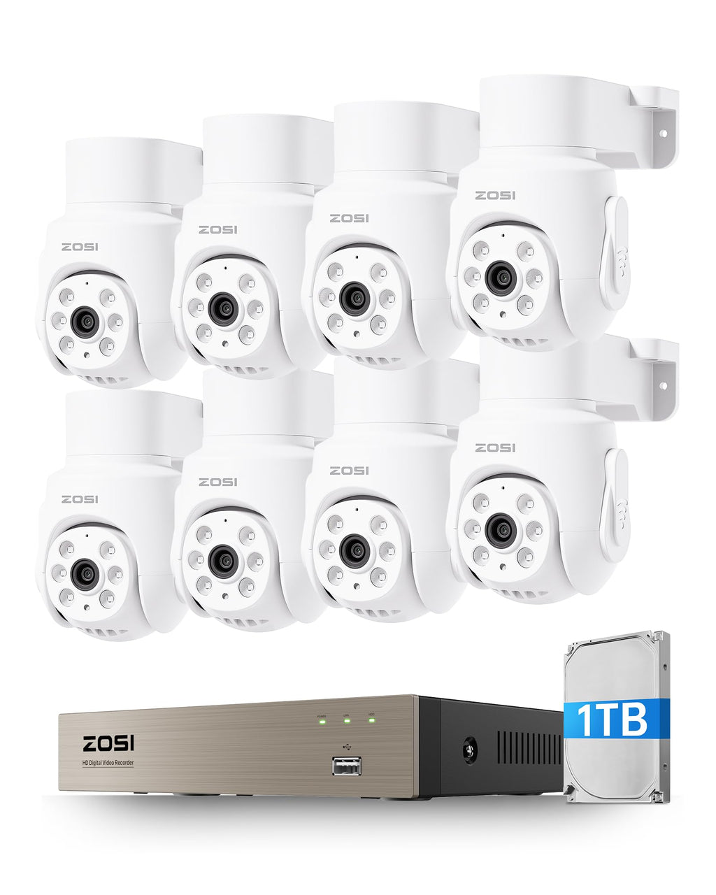 ZOSI 5MP Wired Security Camera System, 8pcs 2MP Pan/Tilt Cameras, 1TB HDD