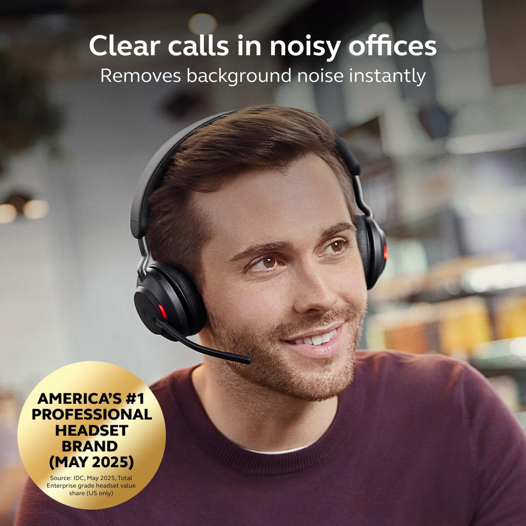 Jabra Evolve2 65 Bluetooth Wireless Headset with Mic for Calls and Music, Dual-Ear Headphones with USB-C Adapter, Up to 37 Hours Battery, Noise-Cancelling, Works with Online Meeting Apps, Black