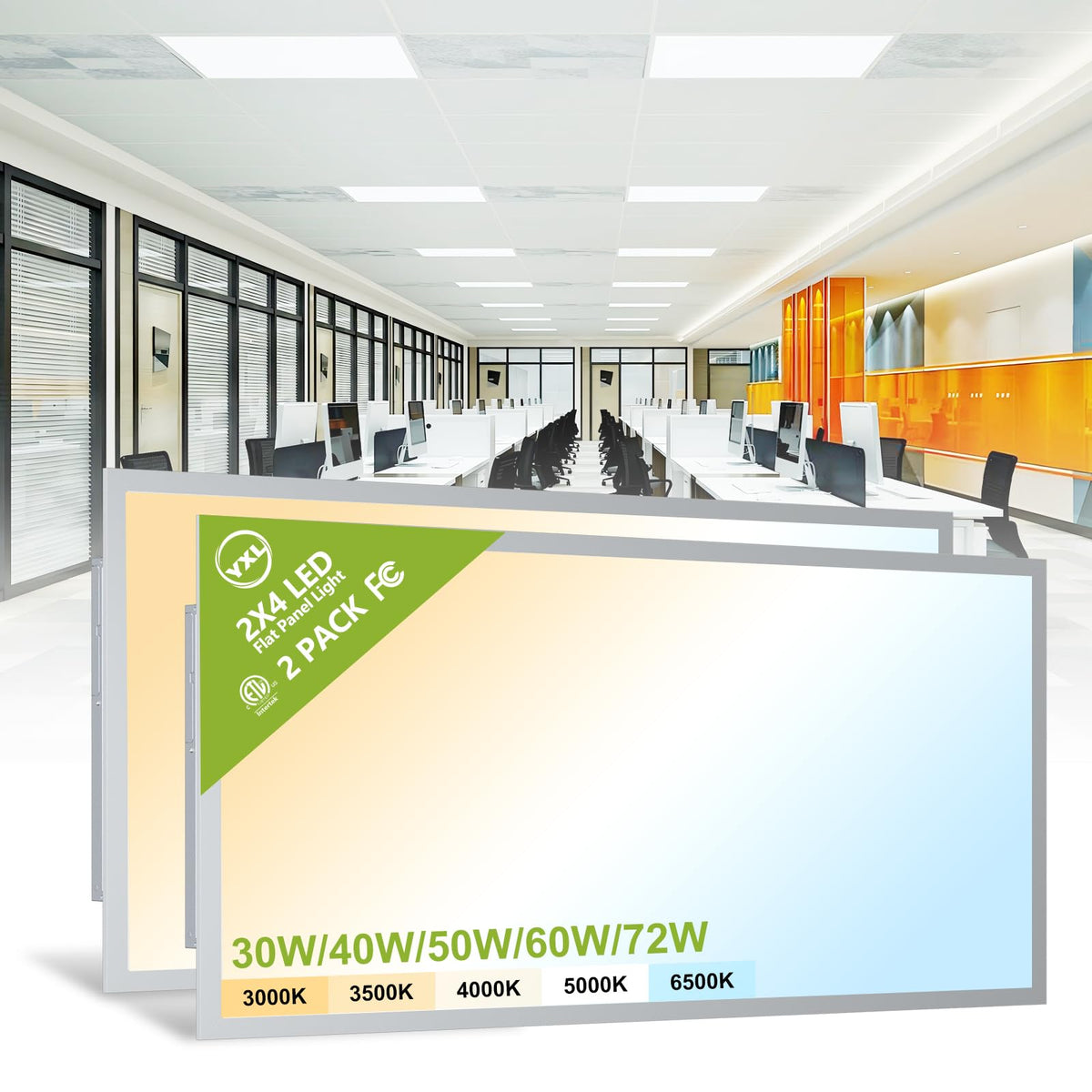 YXL 6 Pack 1x4 LED Flat Panel Light Office Light, 5200LM, 5CCT LED Drop Ceiling Light Fixture, 40W/35W/30W/25W/20W Selectable,6500K/5000K/4000K/3500K/3000K,Dimmable 0-10V,ETL